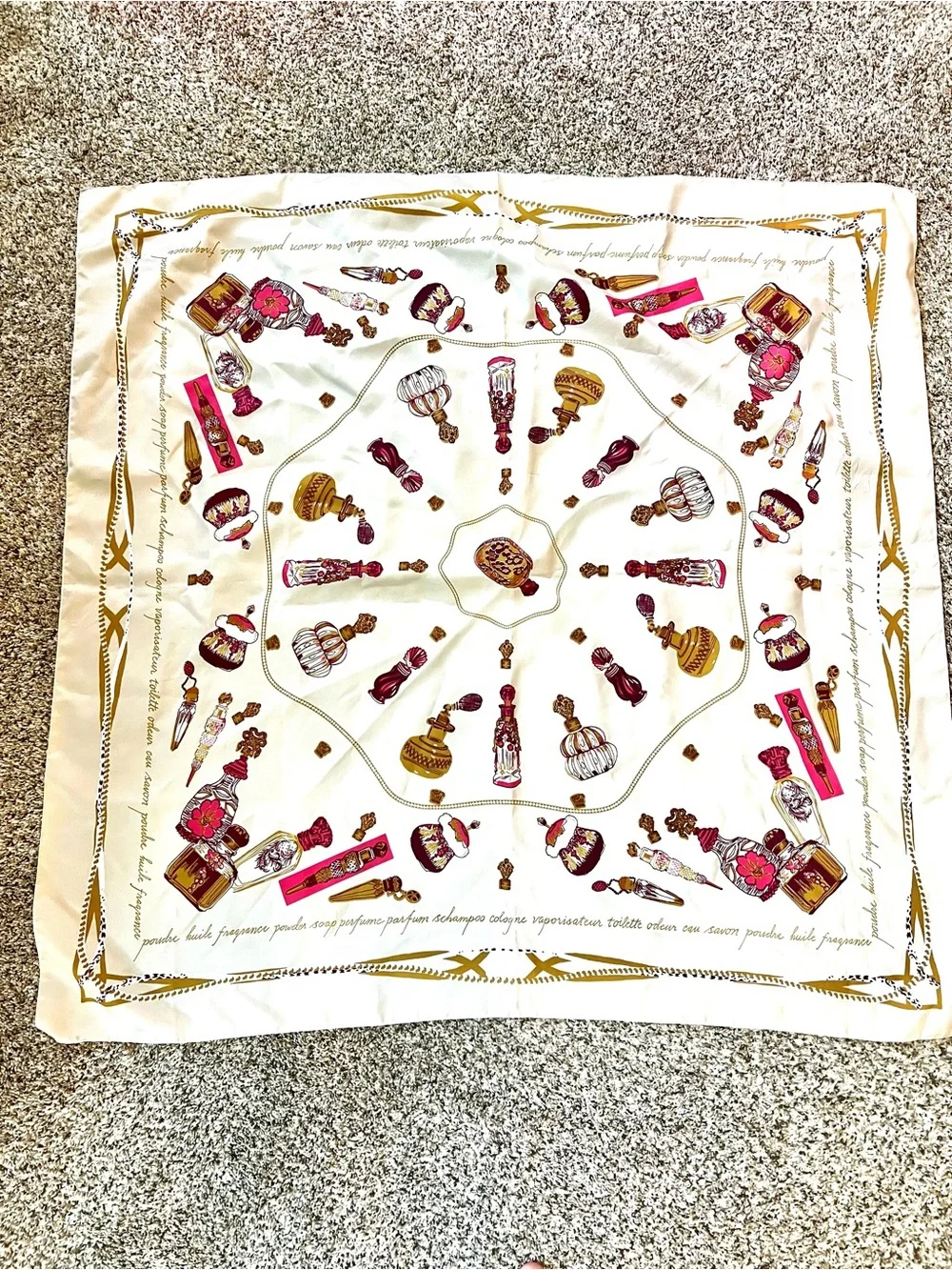 Forever 21 Cream Square Scarf with Pink & Gold Perfume Bottle Print